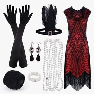 PLULON 1920s Sequin Beaded Fringed Flapper
Dress with 20s Accessories Set(red)